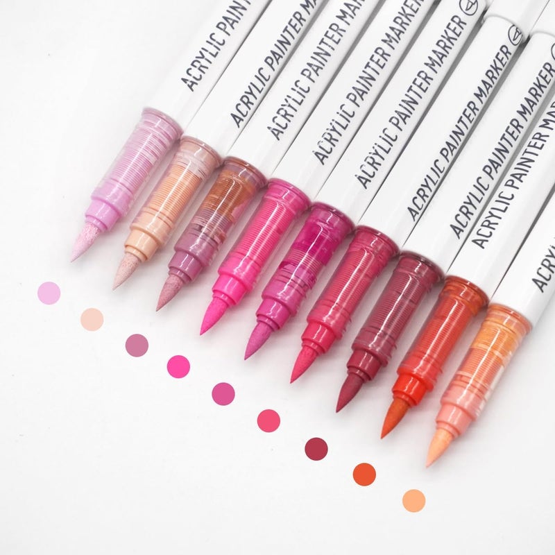 Yolaka Water Based Acrylic Paint Markers, 9 Colors Acrylic Paint Pens Set with Soft Brush Tip, Marker Pen for Rock Painting, Egg, Wood, Glass, Paper, Acrylic Painter Ink (Pink Series-2) - Image 1